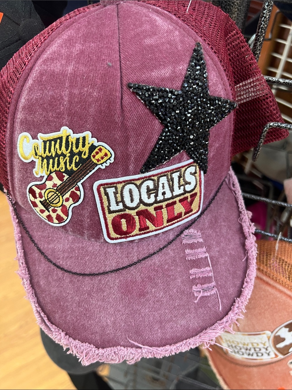 Distressed Burgundy Patchwork Trucker Hat with Studded Star